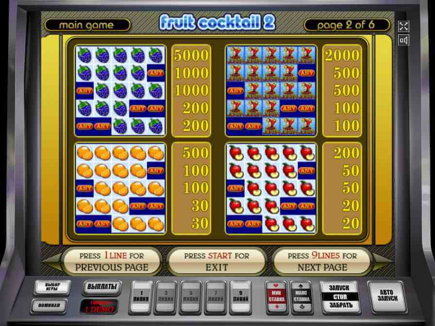 Символы в автомате Клубнички 2 Таблица выплат в слоте Fruit Cocktail 2