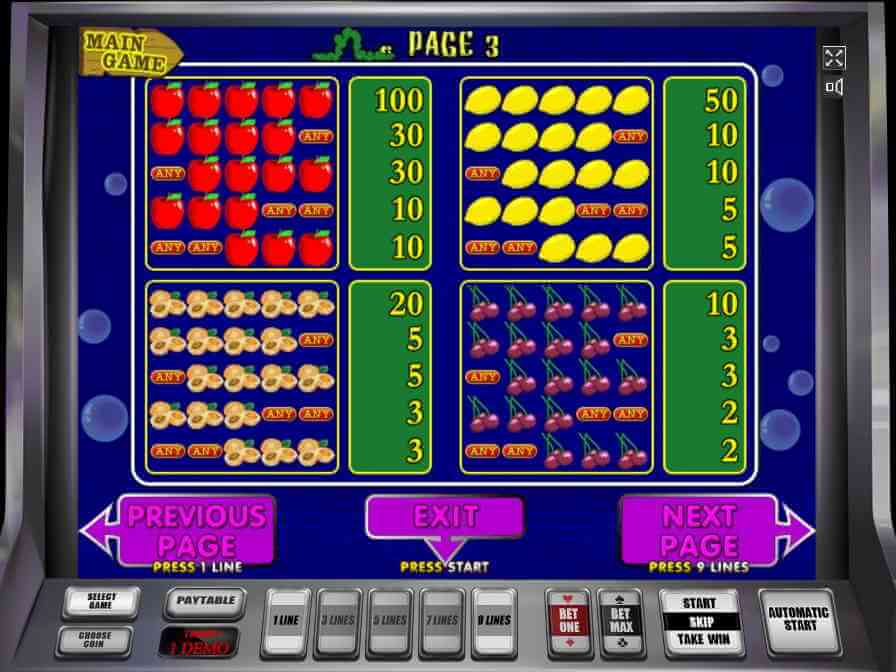 Комбинация из пяти вишенок принесёт всего 10 кредитов Таблица выплат игрового автомата Fruit Cocktail