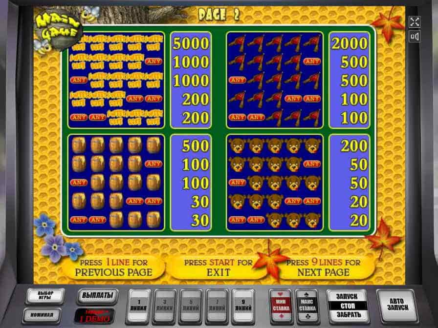 Таблица выплат игрового автомата Медведь и Пчела